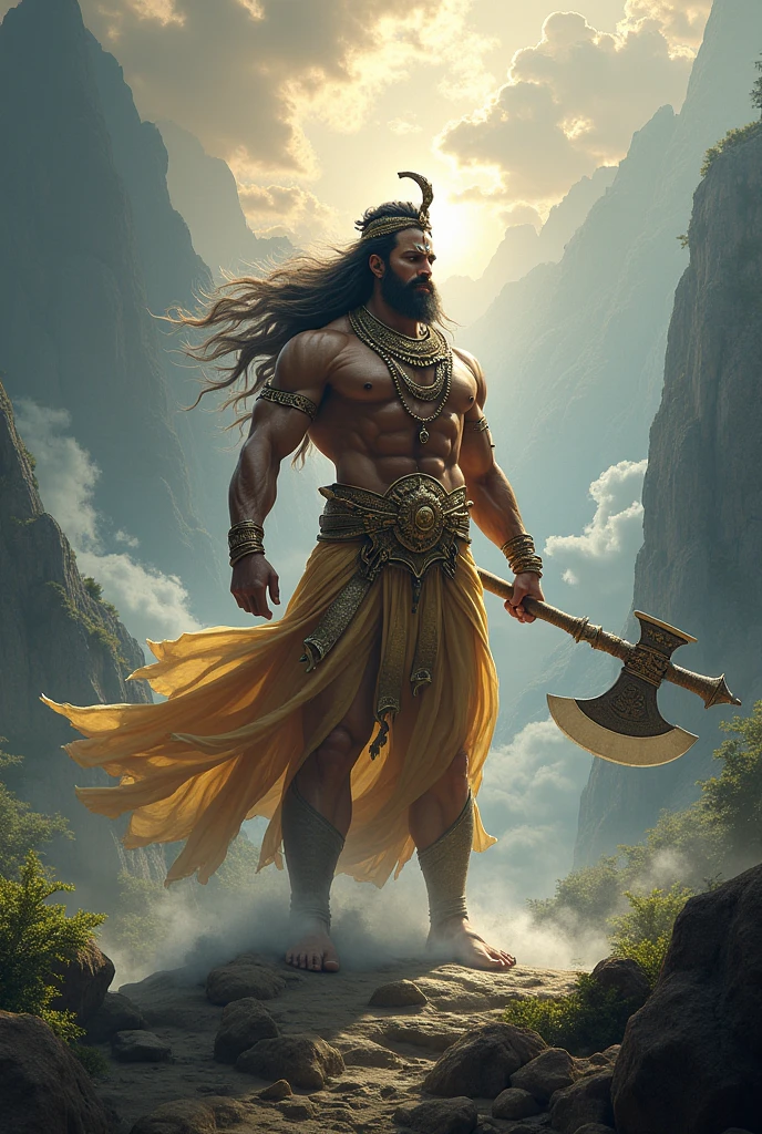 Real Lord Hanuman with six pack abs and
his gada flying vertically
With sun in background