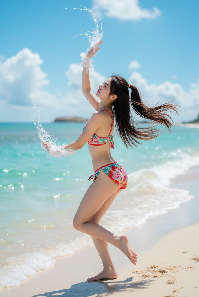 A 20-year-old as cute as an idol、Smiling Kindly、Medium size chest、Cleavage、Stroll along the sandy shores of this beautiful beach、Daytime、Full body portrait、RAW Photos、Genuine、realism、live-action、RAW Photoasterpiece、Highest quality