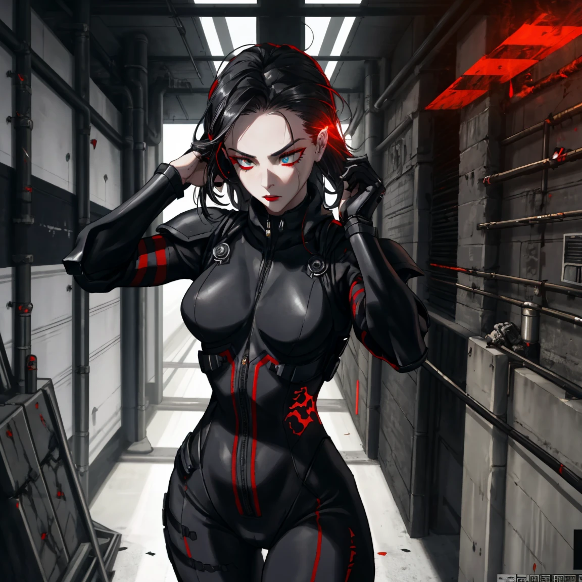 masterpiece, Best quality, 8 k, digital painting, 1 girl, One, get up, youth, White hair, Длинные White hair, hair accessories, Red eyes, round pupils, impassive facial expression, blood stains, Mechanical parts, electrical wire, cable, The effect of failure, terrifying, Science fiction, futuristic, Dark inside background, neon lights, Cyberpunk characters, surreal, strange, alarming, Chilling, terrifying, overalls,Red eyes,Poison Obsession,blackened,Long black gloves,One-piece trousers,tight latex bodysuit,Emphasize her graceful figure,Wrap your whole body,symbiont,((raised sexy)),overalls,Red eyes,Poison Obsession,blackened,Long black gloves,One-piece trousers,Black latex clothing,Blood-Red eyes,Best quality, A high resolution, Super detailed, Bright textures, a mask, tight latex bodysuit, bang,purple hair, Blue eyes