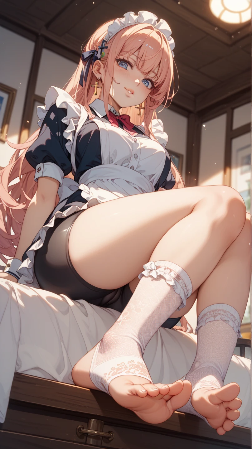 A woman is standing on the floor wearing a white maid's uniform, alone, panties, underwear, skirt, (shiny dark pink satin panties:1.3)、panties that cover the butt、garter belt, Liar, Thighhighs, skirt lift, think back, realistic,cute anime girl,Ideal Style,open leg,focus on butt,crawl on all fours,Highest image quality,Turn around with a serious face,long silver twintails,Shiny fabric
