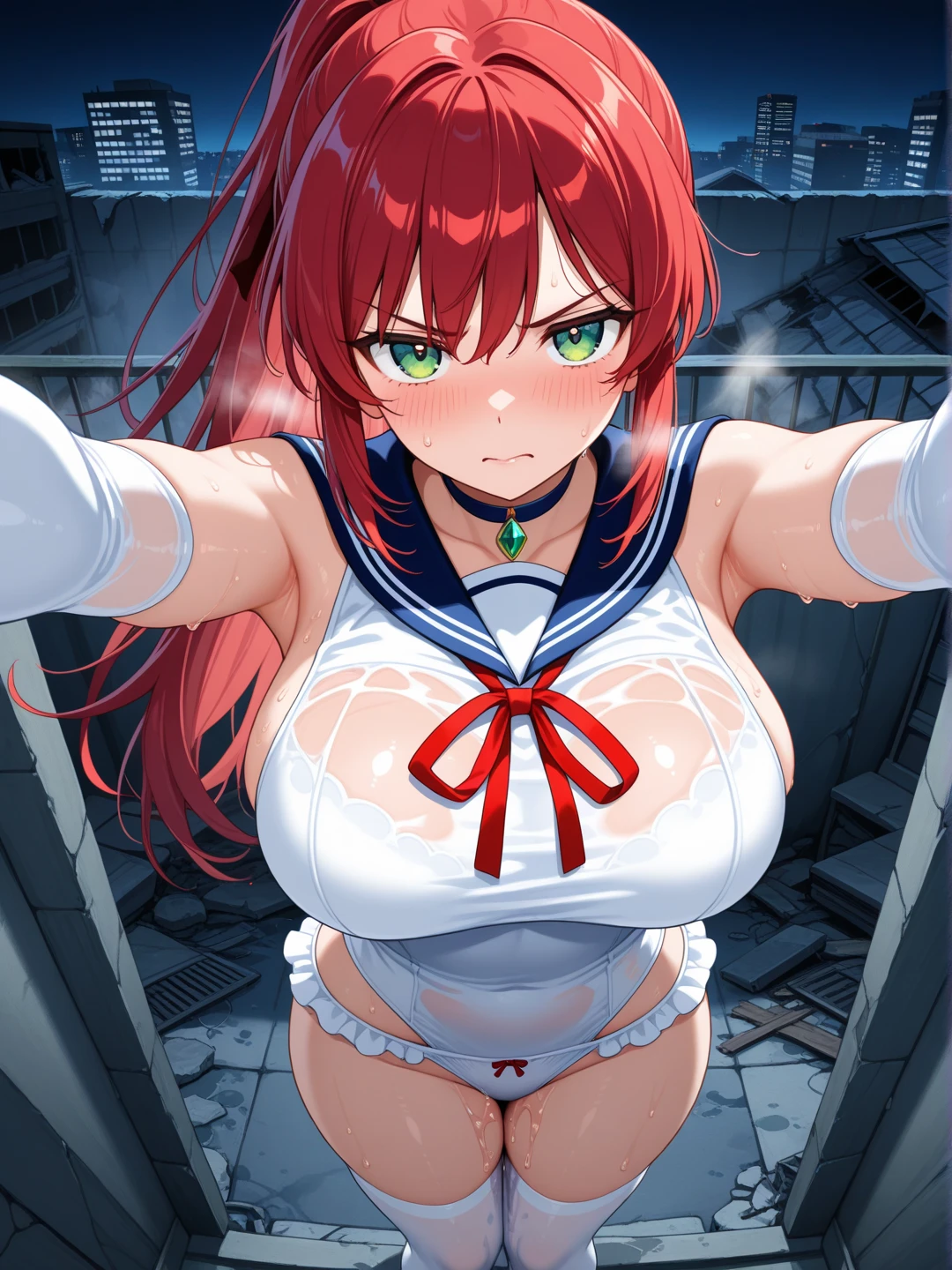 One side of the dress is torn at the chest、Dust cloud、tits、Nipples fully visible、receive damage from an attack、anime、((Battle scene in the ruins))、blush、Line art、Pencil drawing、short hair、dress、Red Hair、Light blue eyes