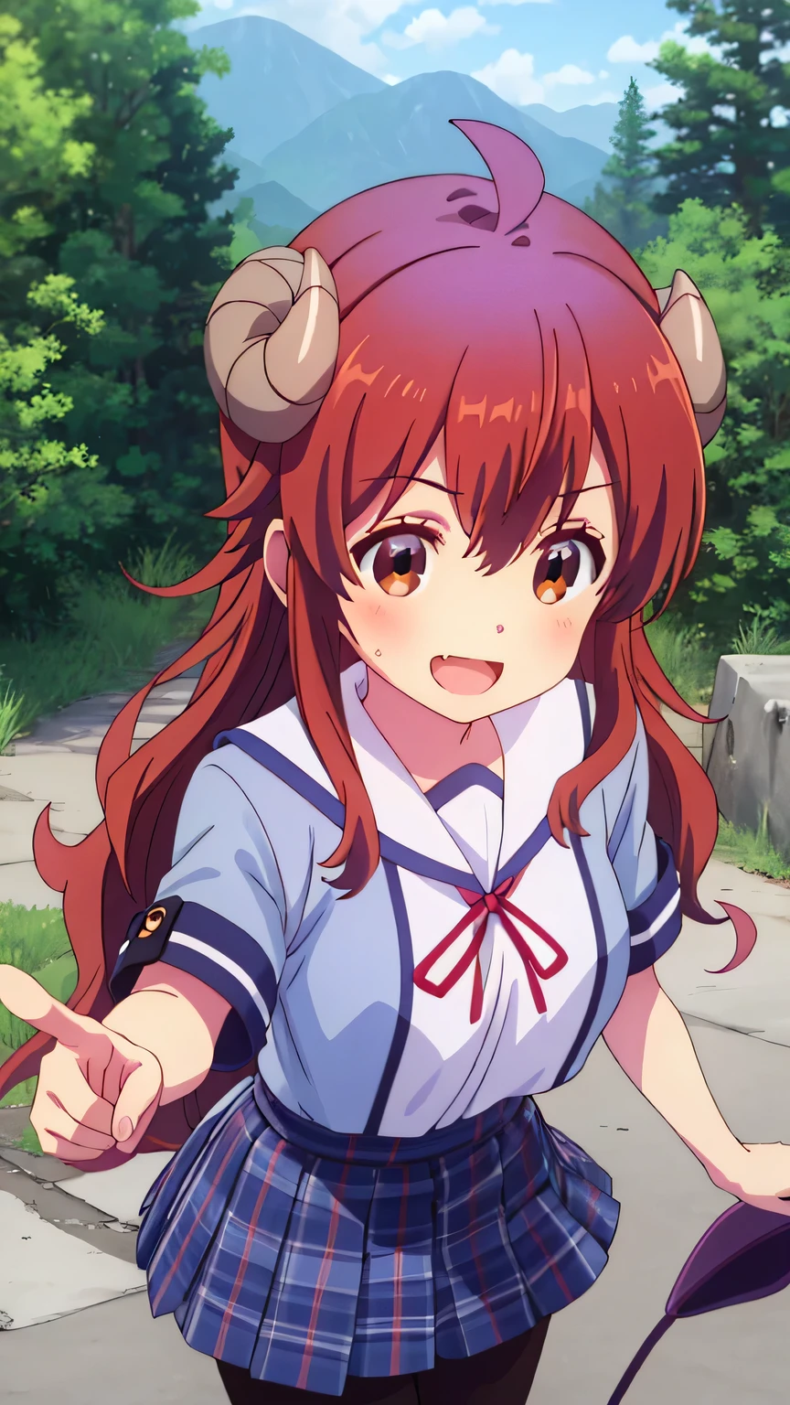 {{{masterpiece}}}, (best quality:1.5), (ultra-detailed:1.5), {illustration}, {{an extremely delicate and beautiful}}, (beautiful detailed eyes:1.6), absurdres, highres, extremely detailed face, 16k, hd, visual anime de uma jovem mulher, extremamente bonito rosto de anime, anime melhor garota, (perfect hands, perfect anatomy), anime face, yoshida yuuko(Machikado Mazoku), yuuko yoshida, shamiko, 1girl, solo, cute face, ager, long hair, hair between eyes, bangs, brown hair, ahoge, sidelocks, horns, (brown eyes:1.3), demon tail, large breasts, big hips, curvaceous, BREAK, {school uniform}, blue shirt, shirt tuck out, short sleeves, blue sleeves, white sailor collar, red ribbon tie, short skirt, (plaid skirt:1.2), blue skirt, (black pantyhose:1.2), brown loafers, BREAK, cute face, open mouth, smiling, pointing, dancing, jumping, from above, outdoor, mountain, forest, flower garden, (cute gestures:1.2), dynamic pose, dynamic angle, mysterious, fluttering skirt, (perspective:1.2)
