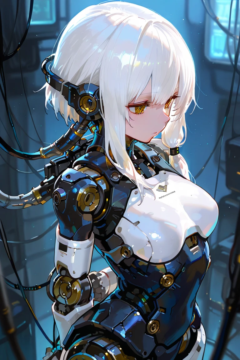whole body, (mechanic's jumpsuit), absurdres, RAW photo, extremely delicate and beautiful, masterpiece, Best Quality, ultra high resolution, 32k, hyperrealistic, ultra-detailed, detailed description, pale skin, 20 years old, detailed beautiful face and eyes, tearful mole, earring, Colossal tits, short medium hair, wavy hair,