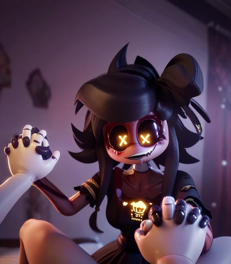 a cartoon character girl  standing on the edge of an abyss holding two signs "molecular" and " sortBy szurnaliens", one sign says "дол Coco High pro". The other is called selling stock, with another hand hold up a ladder that goes down into hell. On top there's written in big letters ";, ", below him stands scared little guy with sad face, dark red background, cartoon style, vector graphics, epic composition, high resolution, sharp focus, studio lighting 