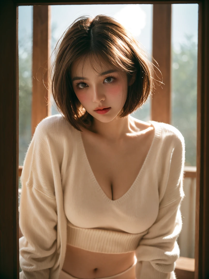 ((Best quality, 8k resolution, Masterpiece :1.3)), 1girl, Slender abs :1.3, Medium-short hair, Huge breasts :1.2, Cardigan :1.1, Ultra-detailed face, Detailed eyes, Double eyelid.