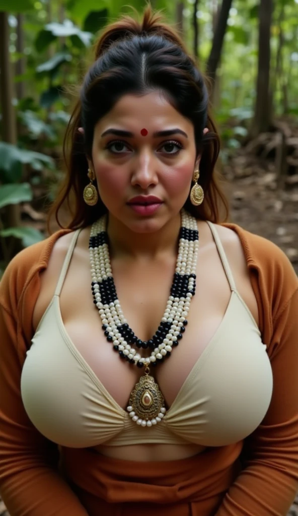 Create an extremely sexy portrait photo of Nayanthara, a 40-year-old hot MILF, celebrity actress. This photorealistic upper body portrait should feature Nayanthara as a curvy, busty woman with swooping breasts and deep cleavage. She has extremely sexy dark jjuicie armpits , Her figure is emphasized, with her arms open to reveal sexy armpits. She wears a necklace and is situated beside a temple in a forest, stripping off a shiny black mini-wear outfit. Her hair is styled in a ponytail. The image should showcase an insanely detailed, realistic skin texture, capturing every nuance of her allure.