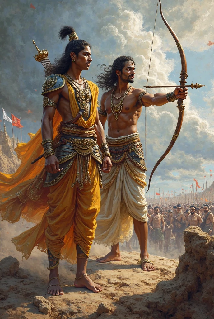 I'd like to see a variation of the image with Arjuna, one of the Pandavas, standing beside Lord Krishna, with a bow and arrow in hand, as if they are about to embark on a battle, set against a backdrop of a misty morning in the Kurukshetra warfield.