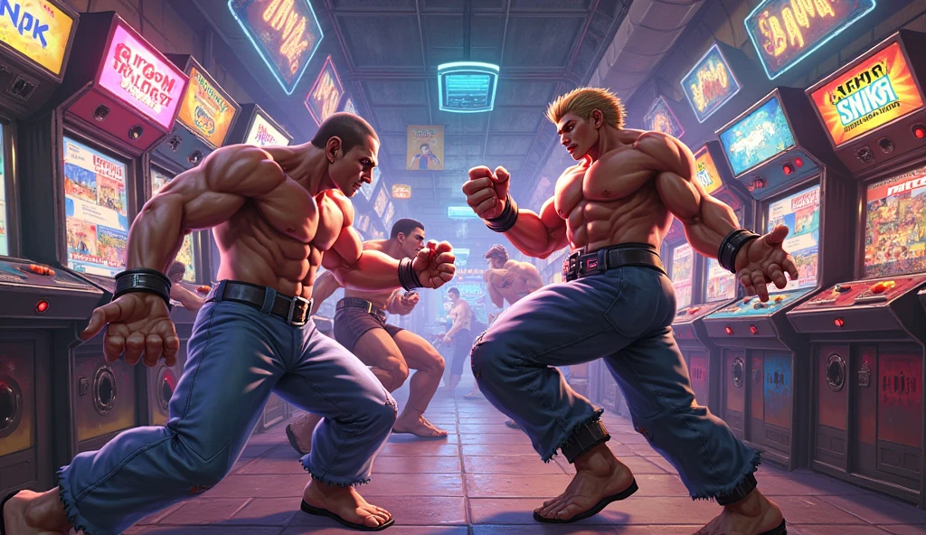 a video game of two men fighting each other, highly detailed characters, 1 man,1 man, muscular built men, intense combat, dynamic poses, detailed facial features, chiseled jawlines, piercing eyes, detailed clothing, leather jackets, jeans, combat boots, striking each other, fists colliding, motion blur, cinematic lighting, dramatic shadows, moody color palette, gritty urban environment, cracked concrete, graffiti walls, neon signs, (best quality,4k,8k,highres,masterpiece:1.2),ultra-detailed,(realistic,photorealistic,photo-realistic:1.37),cinematic camera angle, striking poses, intense action, dynamic movement, powerful impact