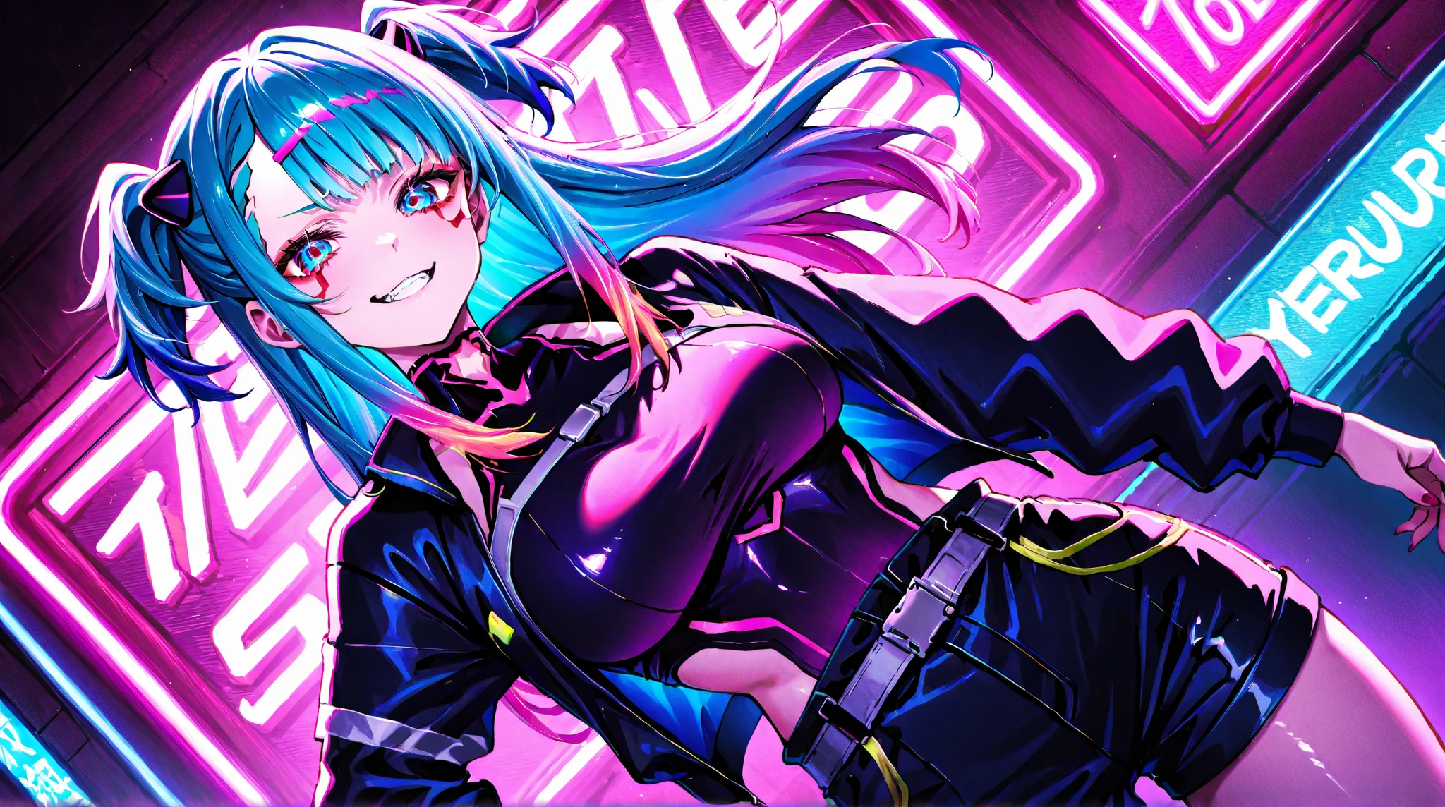 1girl, solo, long_hair,  looking_at_viewer, smile, bangs, red_eyes, gloves, medium_breasts, blue_hair, upper_body, tongue, tongue_out, bodysuit, zipper, :q