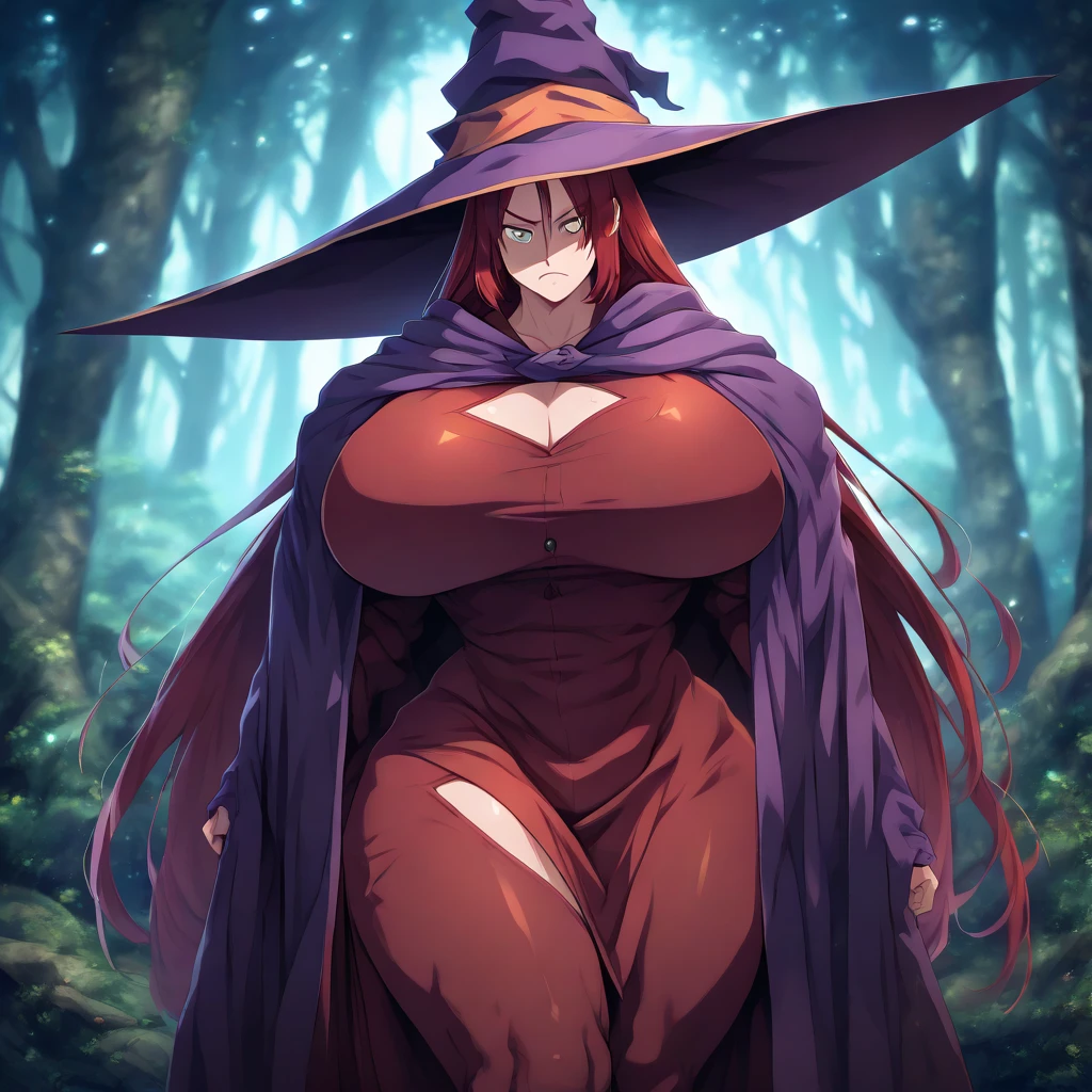 best quality, high resolution, forest, (huge breasts:1.2), cowboy shot, sorceress_dragonscrown_aiwaifu, witch_hat, red_hair,absurdly_long_hair, cleavage, brown_eyes, wide_hips, thick_thighs, collarbone, lips, bare_shoulders, strapless, detached_sleeves, dress, strapless_dress, side_slit, staff, legs, smile, skull, hat_over_one_eye, magic, witch, book