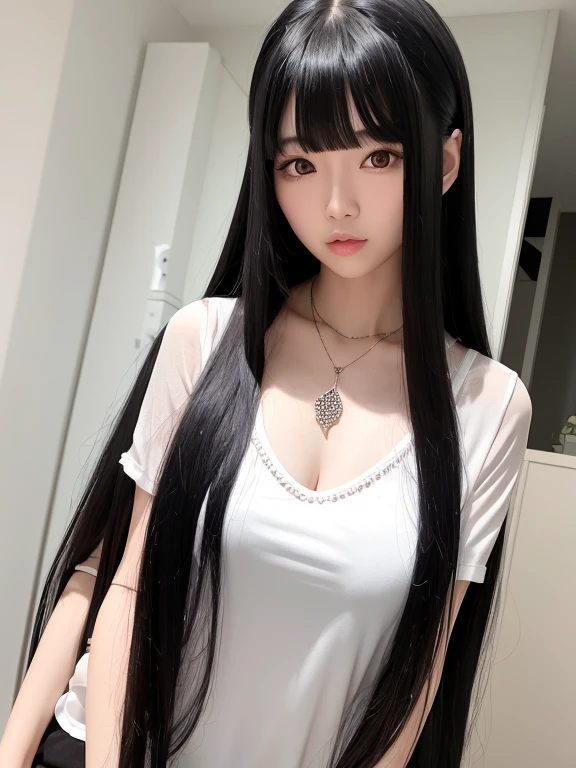 Black and white two-tone hair, long hair, {offshoulder_shirts}, {pencil_skirt}, 17-year-old female,masterpiece,high quality,intricate details, light skin, Brightly shining hair, (skinny:1.2), masterpiece,best quality, cute girl, Distinct image, full bangs, cute,skinny,narrow waist,looking for viewer,dark double eyelids, Aegyo-sal under dark eyes,seductive smile,skin tight, aegyo sal, seductive smile,hair ribbon decoration,A little bit of cleavage is visible,stocking,slender,slender_stomach,random pose