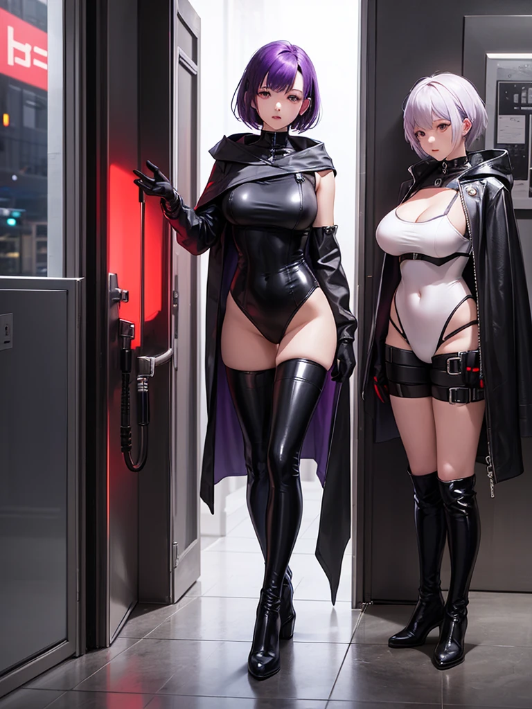 A girl with short silver hair and very large breasts wearing bondage stands in a dark dungeon。The girl is holding a lead in her hand。Her skin is dark。The girl&#39;s face is very beautiful、Thin and delicate eyebrows、Has bulging eyes、｛｛｛Composition looking up at the girl｝｝｝、Large, impersonal breasts
