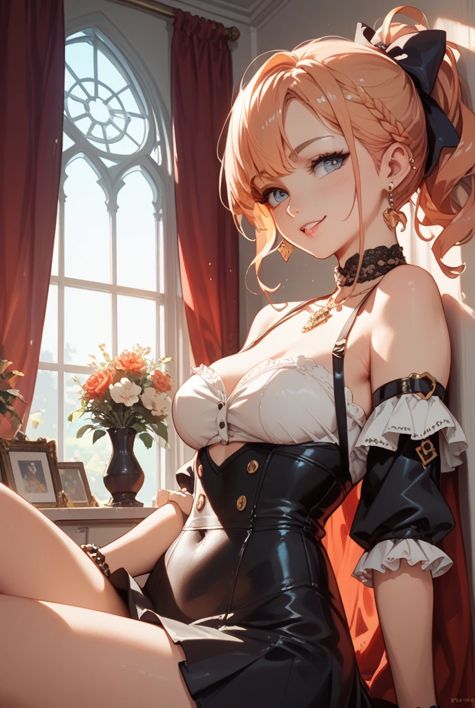 (masterpiece:1.3), (a high resolution), (8 K), (extremely detailed), (4K), (perfect face, Beautiful eyes and face, (Best quality), (super detailed), detailed face and eyes, loose straw colored hair, textured leather, ((1 young girl :1,6)), no leather accessories only lace ((in an unbuttoned corset with a pale pink bodice and pantaloons above the knee with frills and lace from the century before last,1850s:1,8)), depraved and lustful, smiles seductively, mouth slightly open, posing with legs spread while sitting on the couch, boudoir brothel