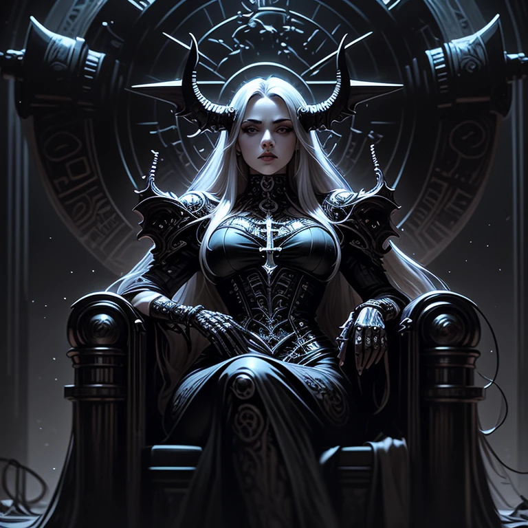 a close up of a woman with horns and a crown on her head, white horns queen demon, beautiful elegant demon queen, goddess of the underworld, queen of the underworld, dark goddess with six arms, dark sorceress full view, evil godess, dark sorceress, goddess. extremely high detail, dark elf princess, necromancer sorceress