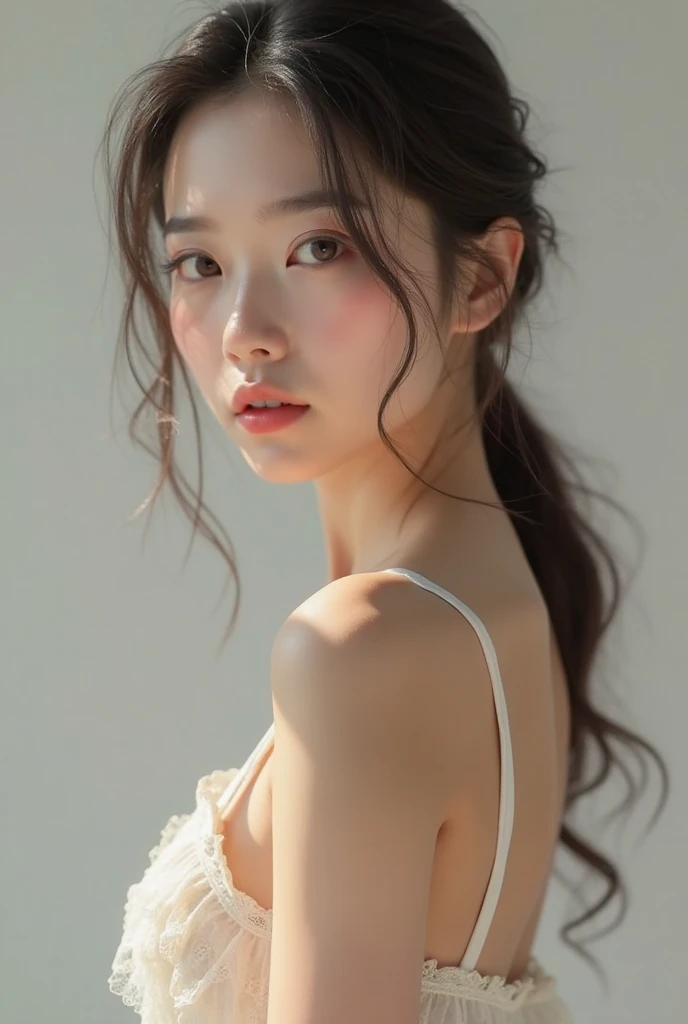 (Frontal portrait, Slightly below:1.2), A 24-year-old woman is standing, Facing directly at the viewer, Pale Blue Background, (From chest to head, in frame, Straight), (masterpiece, wallpaper, RAW Photos, Highest quality, Very detailed, Absurd, Photorealistic), Put your hands on the back of your neck, elegant, Elegant, formal, Severe, Small Head, (Long neck:1.2), Wide forehead, (smile:0.3), (cheek:1.4), Pale skin, French Braid Ponytail, (Large Breasts:0.5), Professional Lighting,  break,((((Completely naked)))),((((nsfw))))
