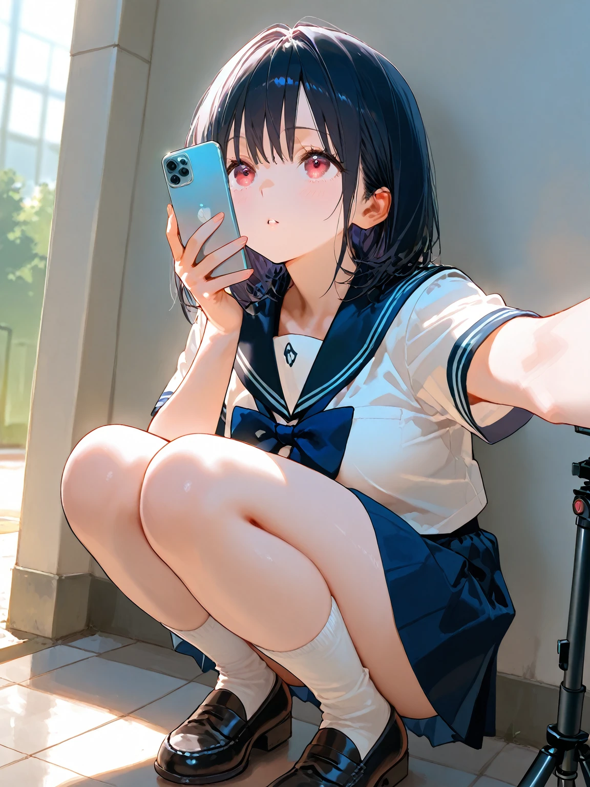 (Unity 8K Wall Pace),(highest quality),(High resolution),(Super detailed),(Perfect Anatomy),(Beautiful fine details),One girl,(Dimly lit motel room),((Sit on the bed:1.3)),Bedside tables,((Bedside tablesに1ドル札が3枚ある.:1.3)),　　　　　　　　　　break Bought Girl,Incredible beautiful girl,15 years,Black Hair,,Sailor suit,Navy Skirt,White socks, body,(holds a smart phone in one hand:1.3),(Sit with your legs apart),White panties,A tense look,Looking down,Those eyes are watching me,Photograph the whole body,　　　　　　break (There are three coins and a camera on the table..),
