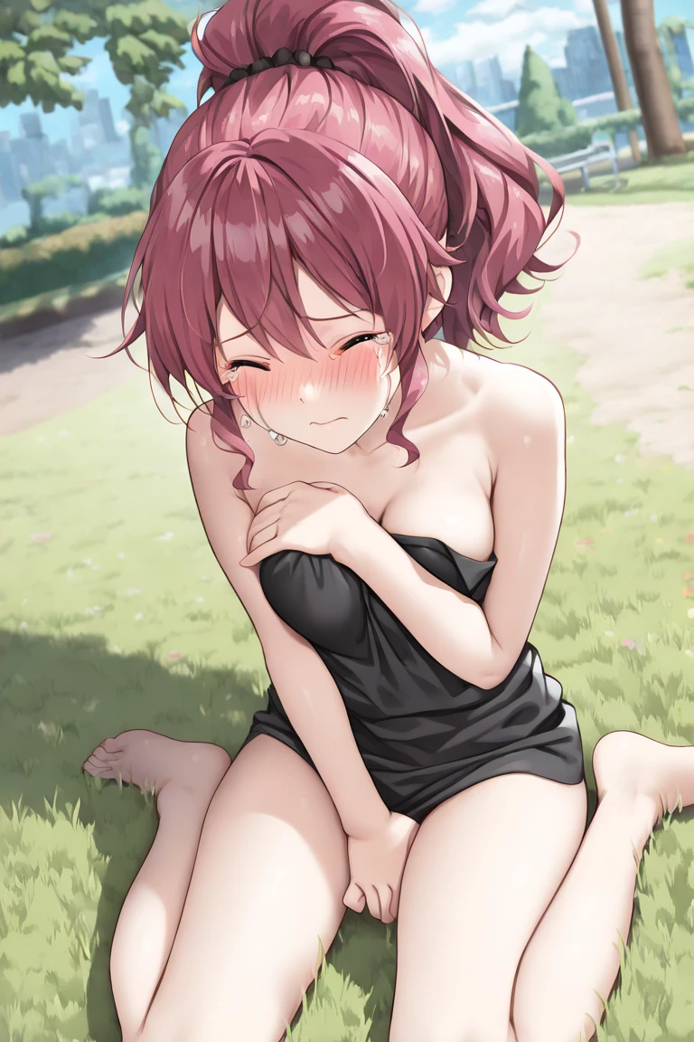 ((masutepiece, Best Quality, hight resolution, nffsw, Perfect Pixel, depth of fields, 4K, )), 1girl in, Solo, , Beautiful anime girl, Beautiful Art Style, 
very low view angle:1.3, view from below:1.5, sky from below:1.5, garden background, lying on grass:1.5,
Perfect body, grin smile:1.5, show feet:1.5, show close feet:1.5,
Yuigahama Yui, Hair bun, short hair, large breasts, show panties:1.5, 

Full face blush, black pantyhose:1.4, black lace lingerie:1.2, red face, 
straight-on:1.3, medium shot