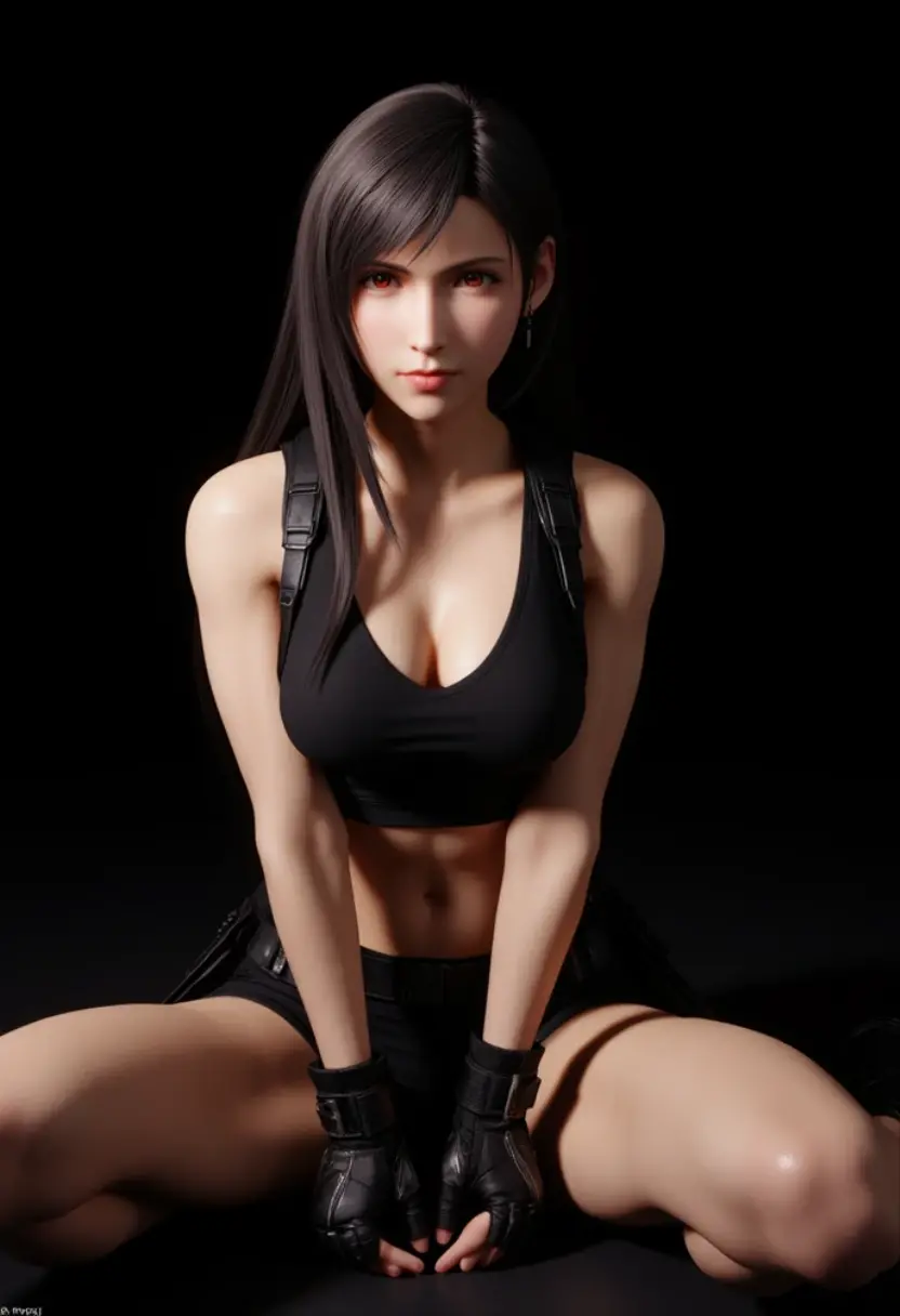 8K, Top Quality, Intricate Details, Ultra Detail, Ultra High Resolution, Masterpiece, close up shot, (full body: 1.1), Slender, Smile, (Makeup: 0.4), ,(( red eyes, black hair, bangs, extra short hair)), (Fluffy Eyes: 1.21), (()), 1girl, solo, 1 girl, ((Tifa,Tifa・lockhart,Final Fantasy 7,FF7,l)), close up shot, , ((tall)), (((fit body))), (((slim face))), sharp face, ((mini open vest, leather open vest, topless, torn denim, open zip leather, mini short)) ,(detailed face), sharp face, small lips, , ,(( )) ,, ,
((,no bra, braless )), , (( )), detailed face, detailed breast, large breast ,huge breast, detail nipples ,, Narrow Waist, Skinny, tall , 190 cm tall, Muscular, Navel, Exposed Abdomen, Pointed Chest,, Beautiful girl with accentuated slender abs: 1.4, Six Pack Abs: 1.4, , Perfect Body, detail legs, (( dark background)), black background,