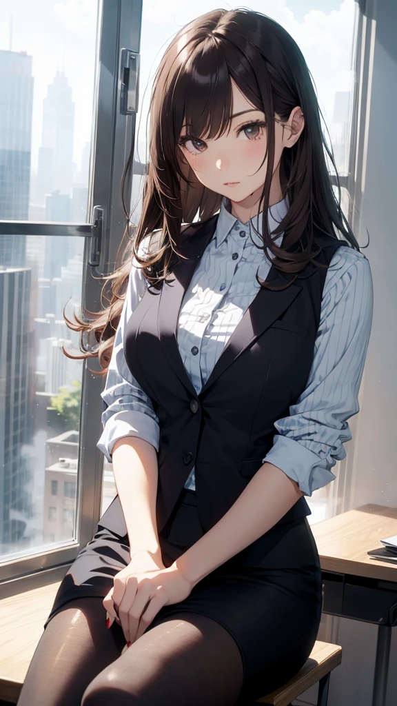 ((Best quality, 8K, Masterpiece :1.3)), Whole body, Sharp focus :1.2, Pretty Women with Perfect Figure :1.4, Slender abs :1.2, ((Dark brown hair, Big breasts :1.2)), Body dress :1.1, (night cityscape, Modern Balcony :1.1), Highly detailed face and skin texture, Detailed eyes, 二重まぶた, small busts, office lady uniform, Office wear, White T-shirt, Exposed cleavage, (Black pantyhose), (), interior scenes, Office