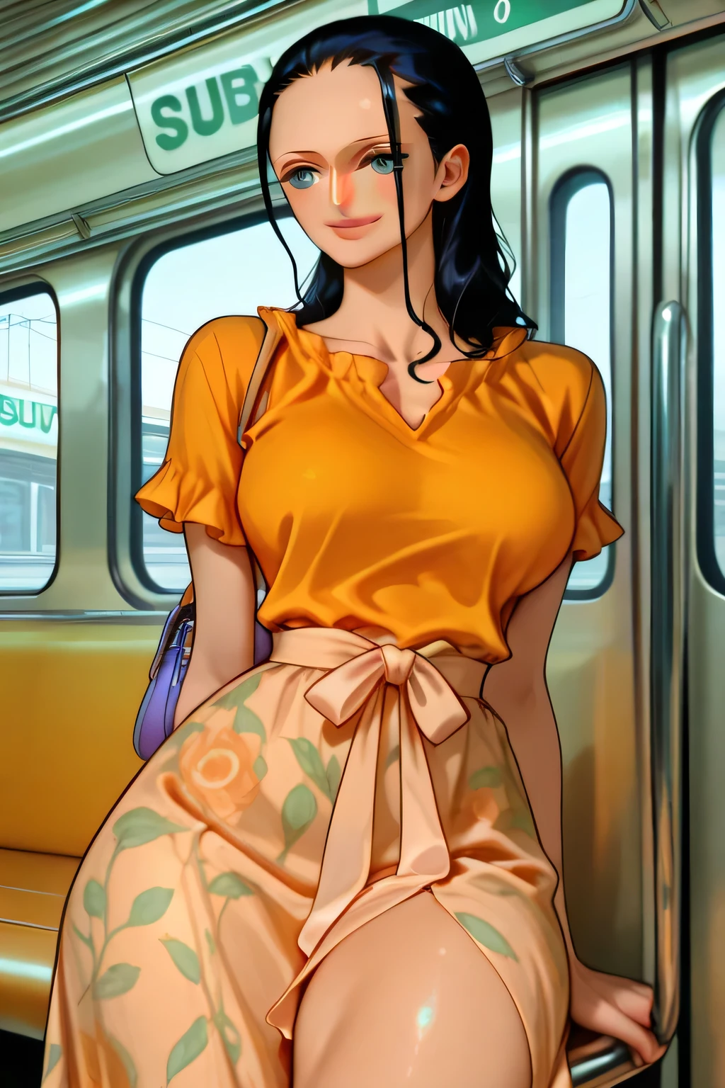 ((NICO ROBIN:1.36)) ,black hair,smile, blue eyes,((subway)), ((seductive)), modeling, ((thick thighs :1.29)),((perfect eyes:1.09)), ((subway:1.09)),completed_120%,completed_130%, completed_150%, (((Natural and warm colors (warm orange blouse)Soft, flowing silhouette (fluffy long skirt), floral design (emphasizes feminine atmosphere) Gathered waist (giving a sense of volume and elegance)Closed-toe shoes (create a calm feminine look)-Vintage-feeling accessories for a natural Mori-girl look (combining natural materials and items in soft colors) ,あざと可愛いユルフワニット,森ガールファッション))