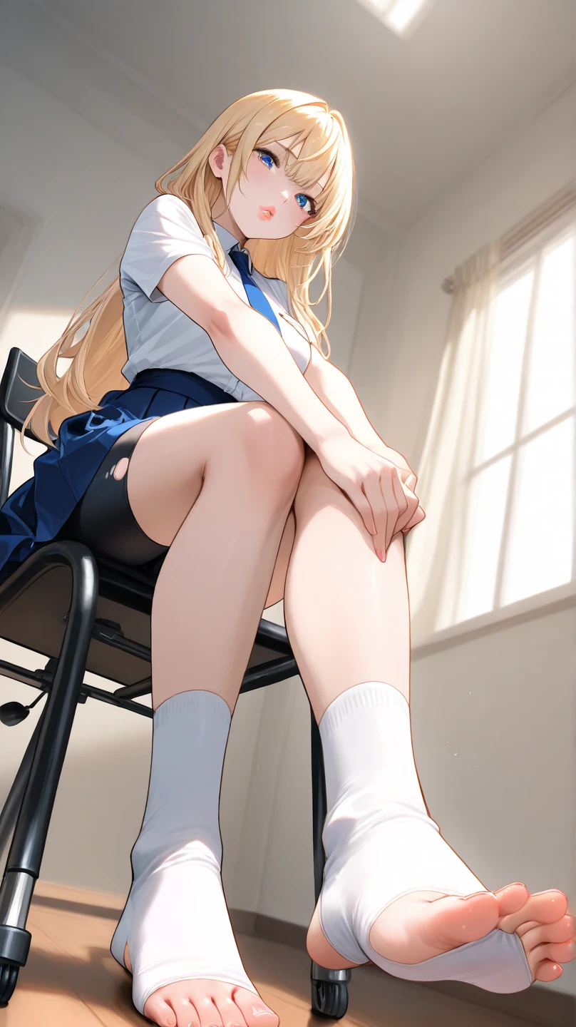 (masterpiece、Highest quality、Very detailed))、One girl、gyaru、Blonde、Long Hair、straight hair、Grey Eyes、((open mouth))、((tongue out))、((lots of piercing))、((Sweat))、Large Breasts、((White collared shirt))、necklace、((red plaid miniskirt))、white socks、shoes、((knees up:1.5))、((open legs:1.5))、((white panties))、Sit on the mat、Gym storeroom