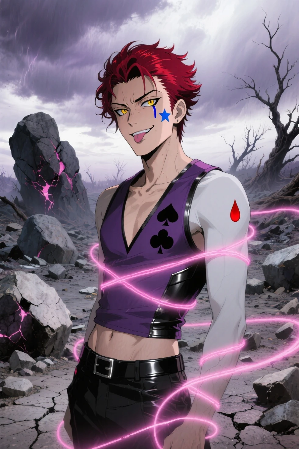 Akasa has no tattoos..., Smiling in NSFW positions ,man,Third Wax Demon ,Kimizunoyaba ,Excellent,Look at that scared face....,evil,Formidable,Cool smile,(Set up the attack),The picture is detailed...,fingers speak loudly.,fist,(full body),lunar effect,Blue magic circle around,(normal fingers),Fingers are beautiful and not bent.,(finger details)