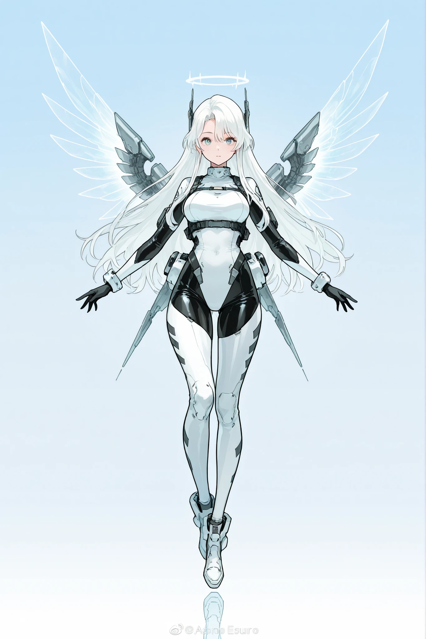 A beautiful girl with long white hair, a calm and serene look, wearing tight sexy costume with a futuristic techwear theme, open futuristic metallic wings, floating with arms raised, anjo, background background with solid color night blue, ambiente escuro, concept art, full body,