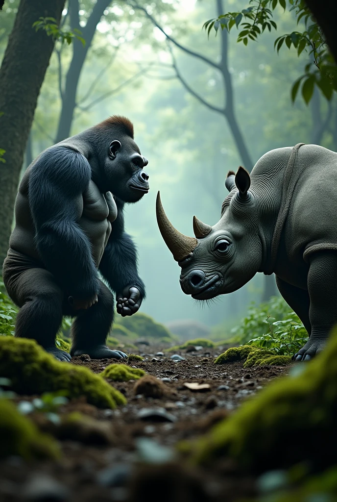 A realistic of Black panther and rhinoceros fighting with each other location is beautiful waterflowing and beautiful trees, 1 left side wooden log fallen its broken in 2 peices