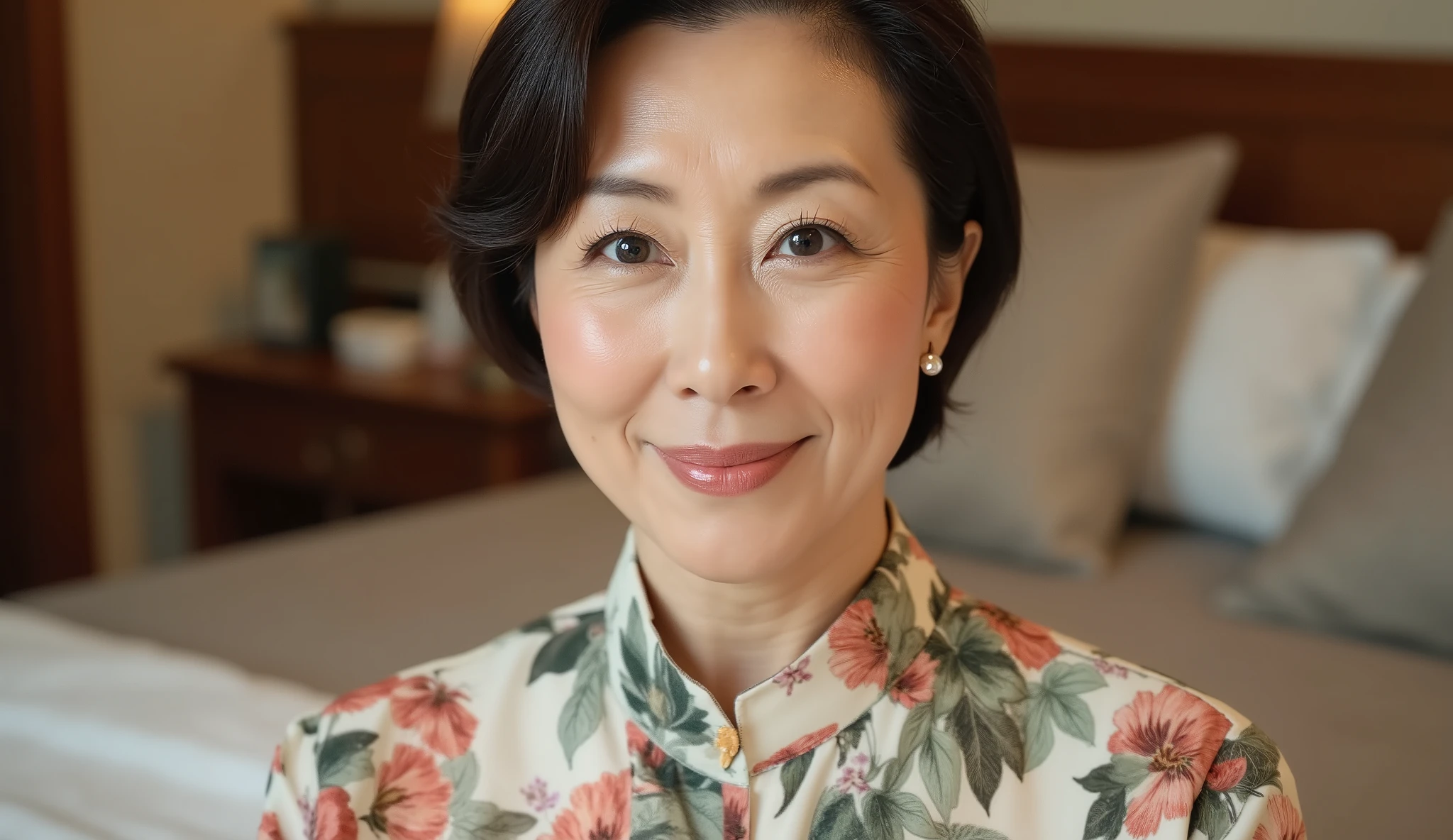   Mature Woman、   Japanese  、48 years old (Mature Woman美女: 1.5)、 kind,   smile  、( nasolabial folds :1.4)、    Natural Aging    、Warm Eyes 、 soft  , Natural wrinkles, beautiful skin  (1.4)、 very detailed from below si   (1.4)、Unmatched Beauty live venue with bedroom in the background 、(eye makeup with ingredients:1.3)、 (lipstick :1.2)、( eyeshadow)、( mascara)、(((J-Cup  :1.2 )))、 serious expression  s at training camp、 kind表情。 perfect feminine body line 、 Beautiful posture standing gracefully 、 Realistic and Realistic   (1.4)、masterpiece、 charming atmosphere、((( stand collar blouse shirt   )))、((( 濃い化粧、 young diver wearing close-up )))、(( fits my body,  printed pencil skirt with length to hide the knee )) background: ベッドルームをbackgroundに。    Pose：((( bedroom、 plump、45 year old woman)))。((( serious expression 、 濃い化粧、 kind表情:1.3)))、((( 濃い化粧:1.3)))