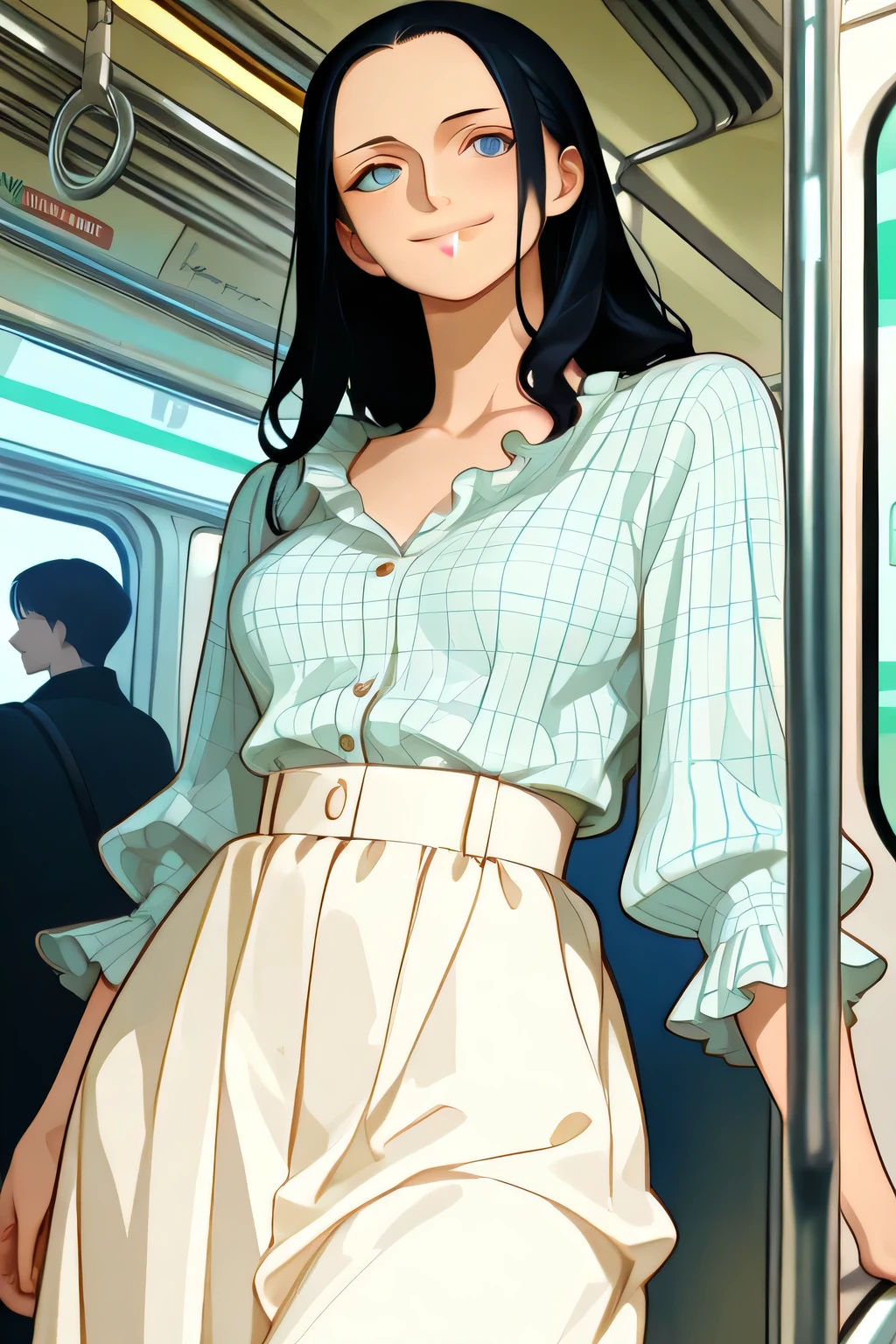 NICO ROBIN black hair,smile, blue eyes,((subway)),,seductive, modeling, thick thighs ,((perfect eyes:1.09)), ((subway:1.09)),completed_120%,completed_130%, completed_150%, (( Mori girl style,Feminine outfit,Checked blouse, Khaki blouse,White long skirt, Loose silhouette, Natural color,Overall simple and calm design,アザと可愛いユルフワニット,森ガールファッション))
