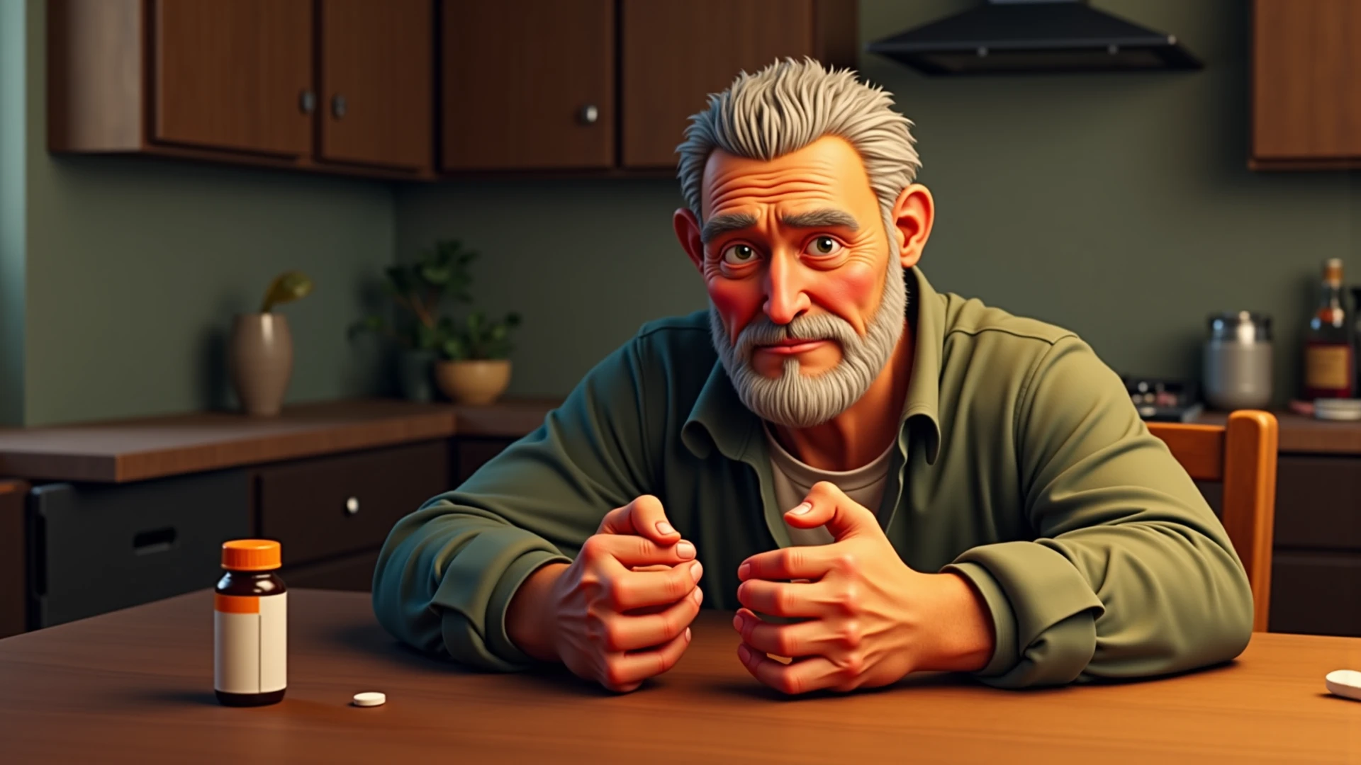 1 man in his 40s named Hank, dark brown and gray hair, big gray beard, wearing simple clothes, button-down shirt and khaki pants, flip flops, doubtful expression, detailed, in a room with lots of antique decorative adornments, digital art style , vibrant color palette, contrasting details, soft diffused lighting, by artgerm, wide-angle camera lens