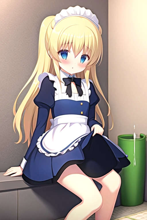 One person, Blonde, Long Hair, blue eyes, ta Fashion, Gothicta, apron, dress, undressing, Lifted it himself, panties, Pulling on panties, Unreal Engine, Anime Style, Very detailed, Realistic, 8k, Super detailed, Intricate details, Dramatic lighting, Dramatic colors, Chiaroscuro, Structure of the film, Volumetric lighting, Volumetric Fog, Studio Lighting, Cinematic Rendering, Beautiful attention to detail, Beautiful lip detail, Very detailed顔と目, Long eyelashes