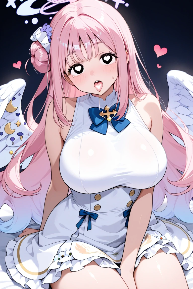 ((kinako (shiratama mochi) style)), mika_\(blue_archive\), bdsm, tied up, arms up, handcuffed, pole, armpit, (masterpiece, top quality, best quality, official art, beautiful and aesthetic:1.2), (1girl), extreme detailed, colorful, highest detailed, official art, unity 8k wallpaper, ultra detailed, beautiful and aesthetic, beautiful, masterpiece, best quality, choker, topless, attic window, nipples, stomach, mika, halo, sleeveless, bare shoulder, pink hair, white pantyhose, smiling, medium breasts, angel wings, goth, bedroom, frills, night sky, kneeling, bed, slim waist, hands tied in 2 poles, navel, white skirt, ((ahegao)), tongue out, eyes rolling, blush, sheep horn, cow ears, nipple piercing, huge nipples, (nr, nipple rings:1.1), saggy breasts, orgasm face, nipple chains