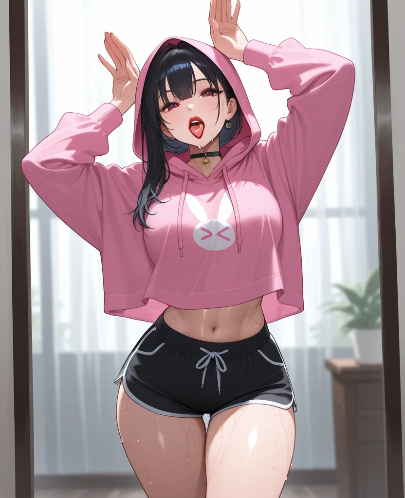 ((best quality,4K,high resolution,masterpiece:1.2)), (Full body display), (Show your whole body), (whole body:1.2), (Young Girls),(((Love Hotels)))、Contempt、 、Red and black hoodie、1 Girl, Black Hair, long hair, Sleep, Light Particles, wallpaper, Extra short hot pants，A young girl lies flat on the bed in the bedroom, hugging her knees and showing a cute expression in the sun. Close-up，
slim body, perfect body, an anime printed super tight off shoulder long sleeve crop top, wearing super tight anime print micro shorts, a super aesthetic transparent mini jacket, beautiful hair ornament, pink jordan tennis, being photographed in a mall shop,( undressing, taking off micro shorts, showing neon pink panties, showing thong: 1.5)，Denim short, clear and beautiful face、(Cute illustrations:1.2), High resolution, Extremely detailed, For the audience，