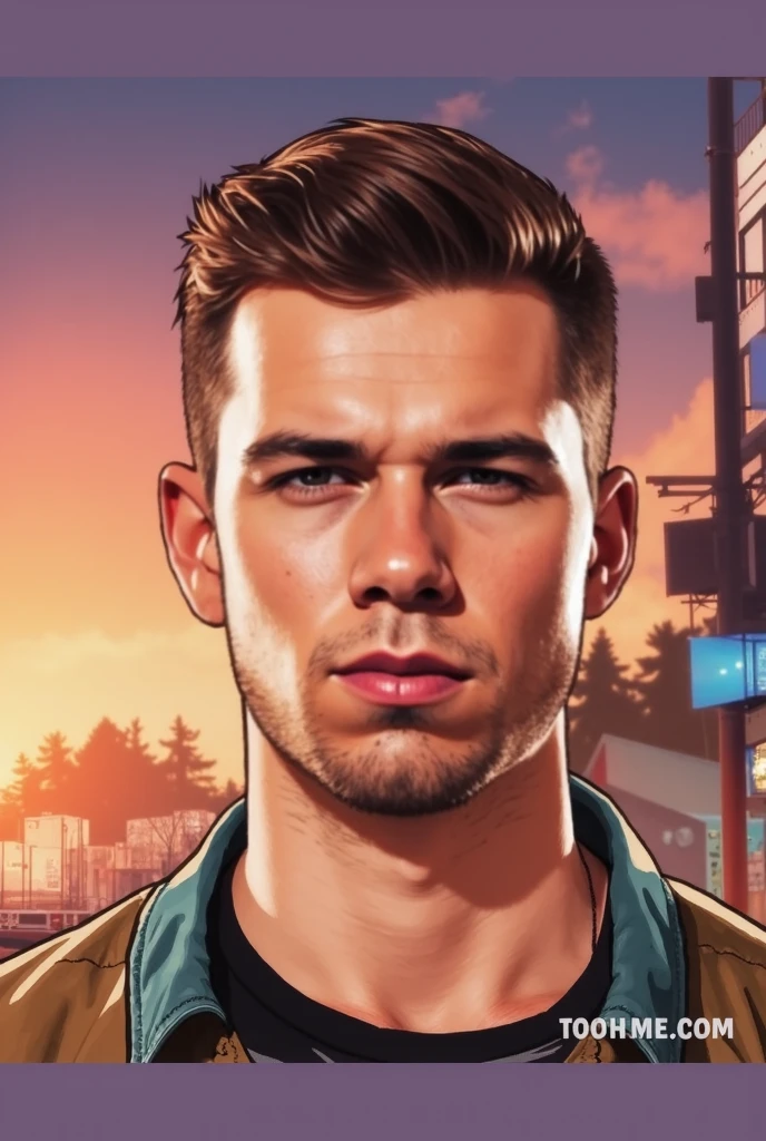 arafed man sitting on a ledge with a city in the background, estilo gtav,(young people:1.5)Illustration, digital art, (GTA style:1.5),Art style of GTA, Art GTA bright colors, (cartoon style:1.2),(hyperdetail:1.15), glamorous style, best quality, holistic, high detail, serious,against a large night metropolis, ((neon lighting)), ((Cyberpunk)),soft light,comic character,