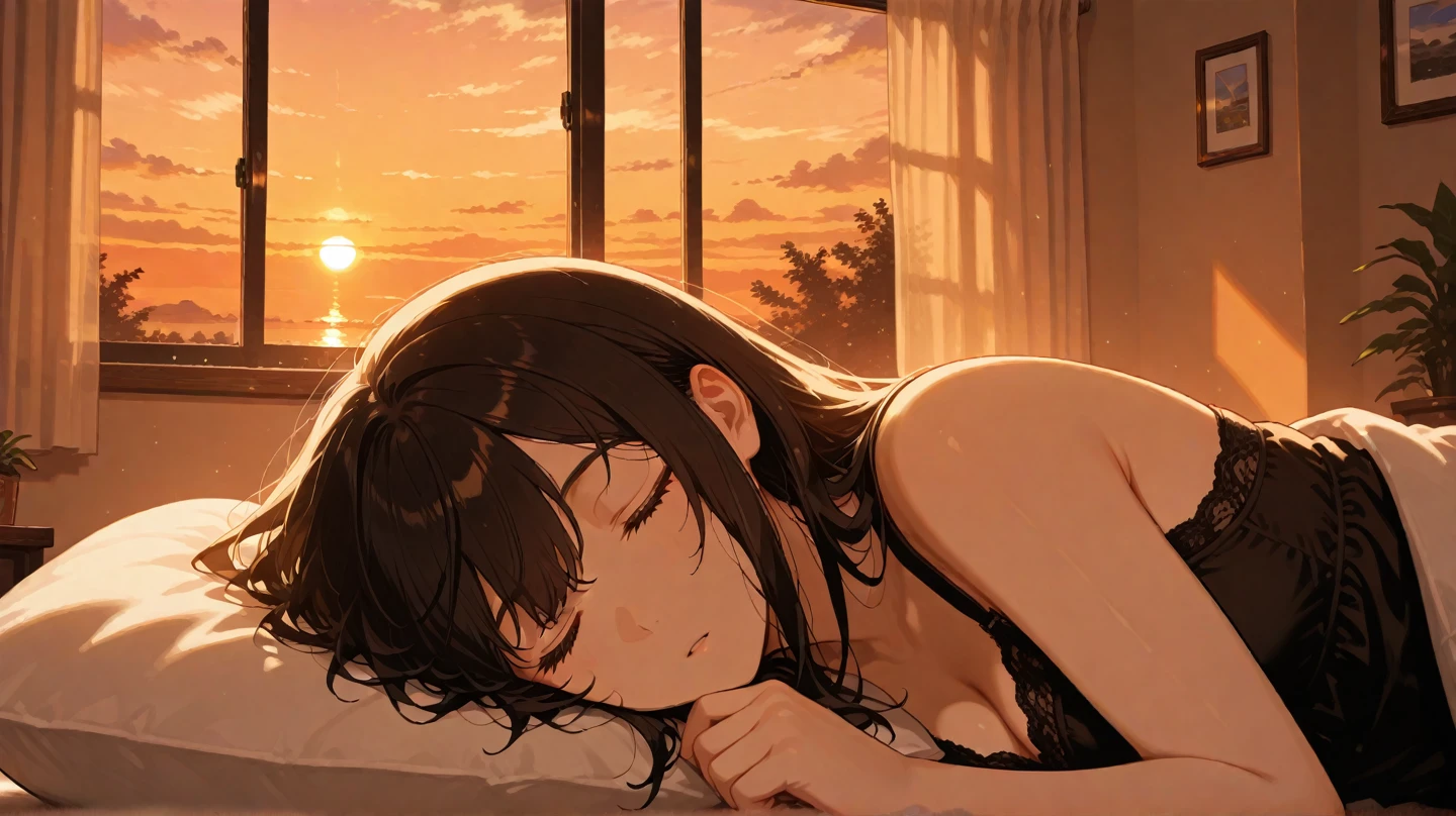 Generate an image of a woman with blackish-brown short bob hair, peacefully asleep on a bed inside a small coastal house. The room should be completely dark with no visible light, emphasizing the nighttime atmosphere. The woman's eyes are closed, displaying a contented sleeping expression. She is covered up to her shoulders with a blanket. In front of her lies a transparent empty bottle, tilted and lying on its side. Capture a bust-up shot, focusing on her from the chest up.