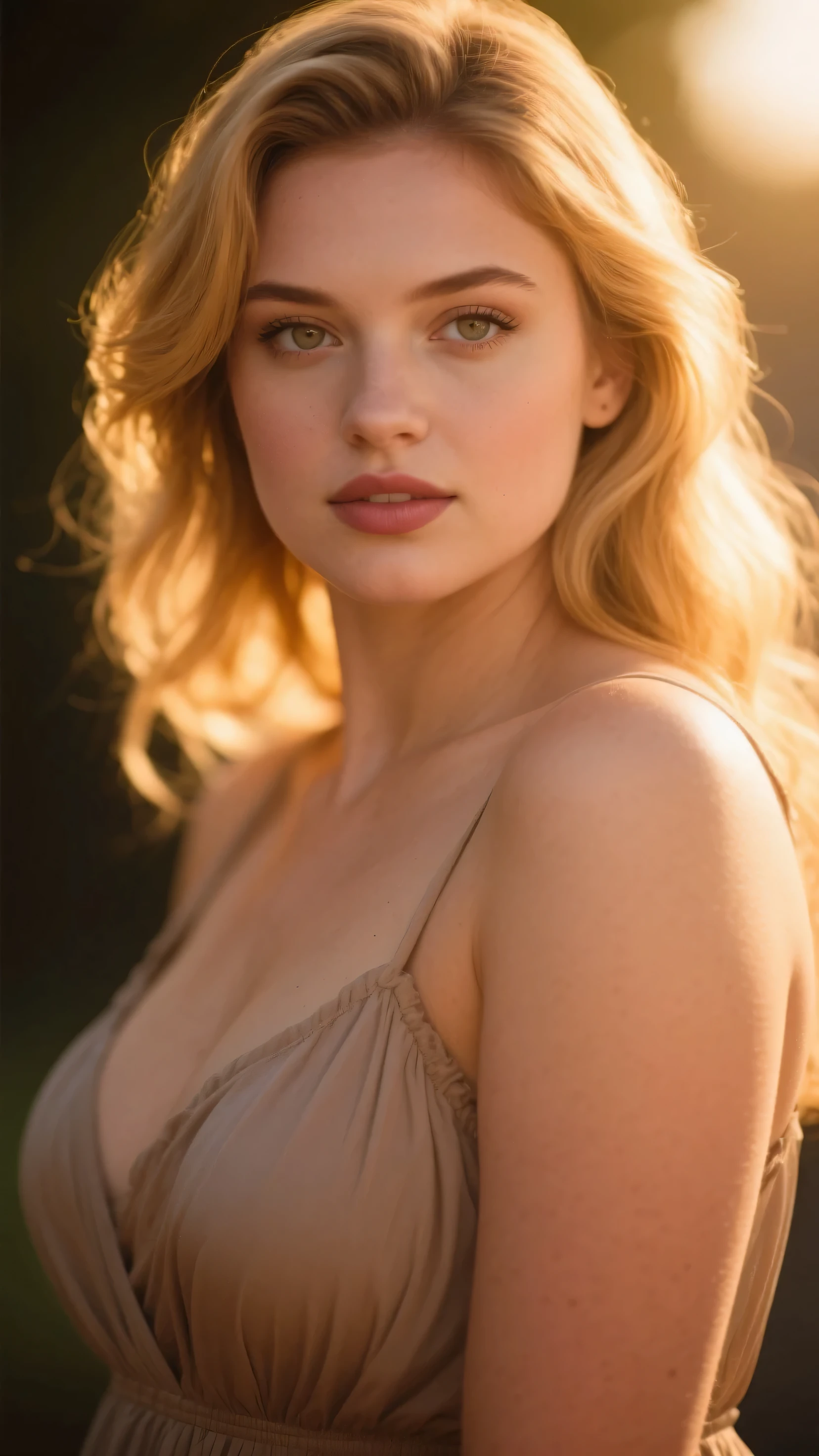 ((Emma Watson)), fluffy, low cut neckline, seductive, cowboy shot, 8k, (very thin waist:1.3), huge breasts, (big breasts:1.5), (Long Hair:2.0), wave, soft skin, long hair in the wind, Fantasy beauty Lake
