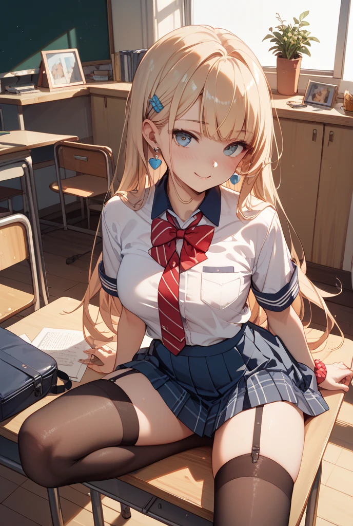 1girl in, Parted lips, blush, makeup, lightsmile, School uniform, Full body, Wide Angle, From above, crass room, llight rays, Glow, thighs thighs thighs thighs, 鎖骨, Narrow waist, (masutepiece), Wallpaper,Beautiful skins、twin-tail hair、Bright blonde hair、(white panties、Roll up your skirt to show your panties、skirt rift)