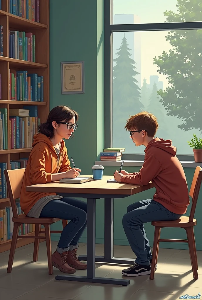 I want to create a poster. It should be realistic beautiful  teacher teaching student ,  sitting on chair , wearing coat ,long curly hair, indoors, soft lighting, board  in background, window with sunlight, cozy room, relaxed pose, realistic, intricate details, green  colors, green template
Efforts should be seen in the poster