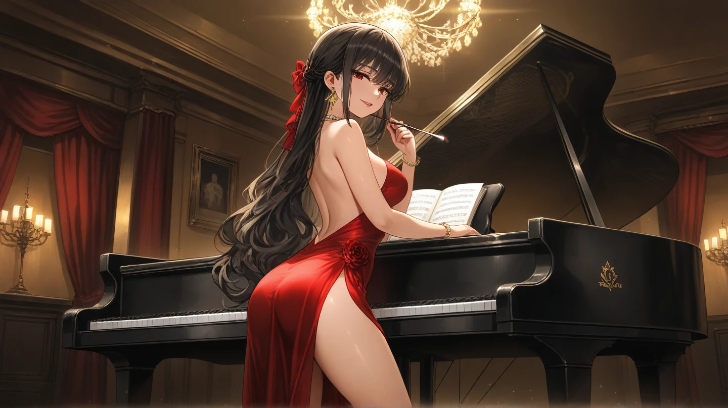 A woman in a red dress playing jazz piano