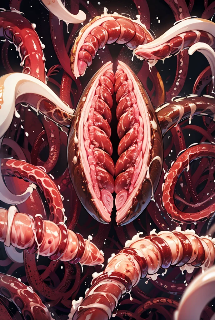 (((Erotic and grotesque:1.5))), Black Hair Girl, Melted clothes, (In the stomach of a living thing), Being swallowed, Mucous membrane attached to the body, Mucous membranes that invade the genital area, Cut a hole in the stomach to expose the innards, Red background, Complex shapes, Slime \(substance\), masterpiece, (Highest quality, Very detailed), ((Precise depiction)), Melting Body,anatomy,(Browsing Caution),Vomiting bodily fluids,Prying open the genitals and penetrating the mucous membrane,grotesque, Slimy texture,(My body started to melt too....),bleeding from the genital area,,,,Mucous membrane entering the mouth