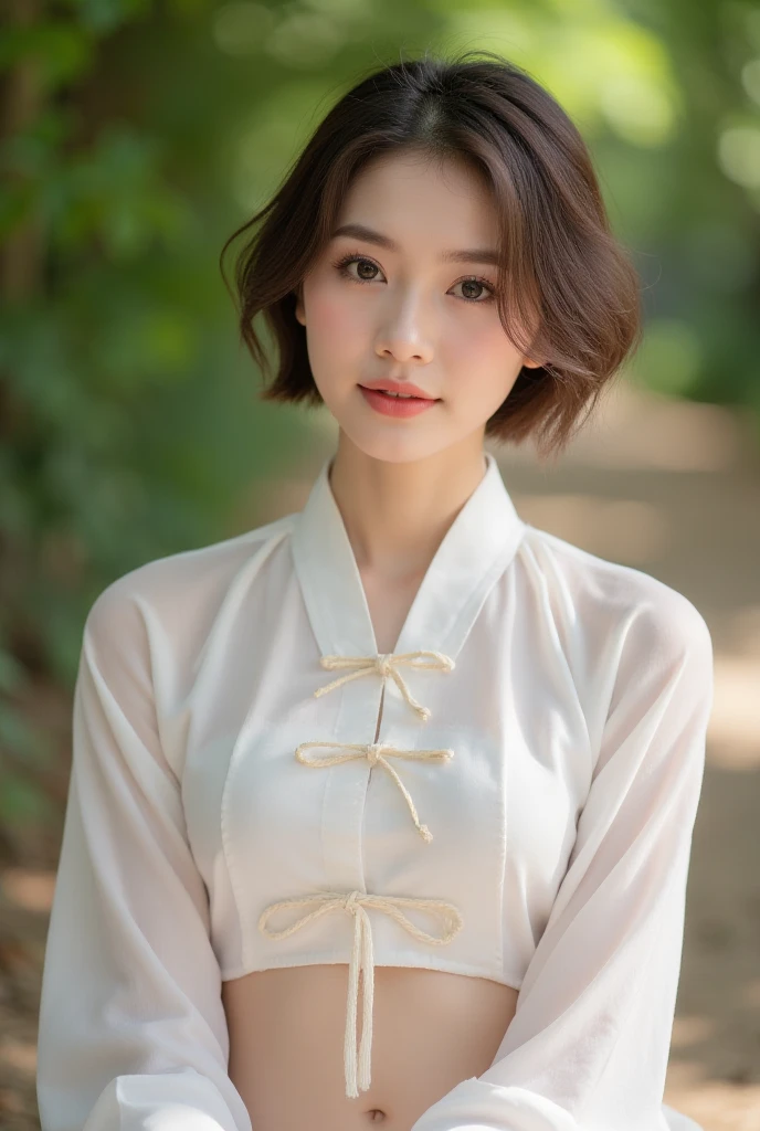 Korean Beauty、Brown-haired beauty in china clothes、Clean constriction style、Looking at the camera、dual、short-cut