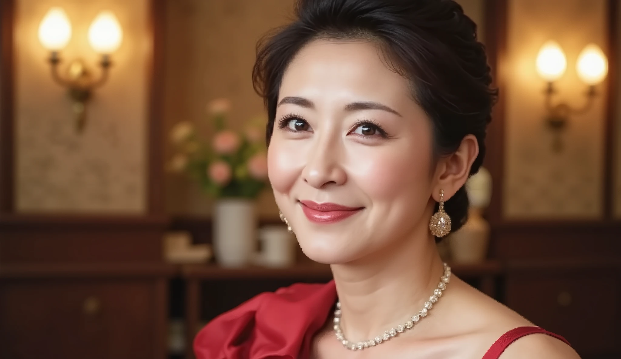 Mature Japanese Woman, 48 years old, ultra realistic, high definition, close-up, masterpiece, cinematic lighting, sharp concentration in nude clothes, photo-realistic, Soft Depth of Field,  Perfect Skin , natural makeup, beautiful laugh wrinkles, elegant,  refined, hands are invisible, upper body only, physically-based rendering, best quality, sexy but elegant, High detail during meals, hyper-realistic, realistic eyes, detailed iris, natural eye reflection, Shining Eyes, moisturized eye texture, Faint Light Reflected in Your Pupils, Deep eye color, (formal:1.4), (realistic:1.2), (photo-realistic:1.37), (close-up:1.3), (8:1.4), (fine laugh lines:1.5), Wear a Crimson Satin Gown, Warm Golden Chandelier Lights, Soft Curls in Upstyle, Confident Positive Look, soft smile, background is an elegant ballroom interior, Low angle