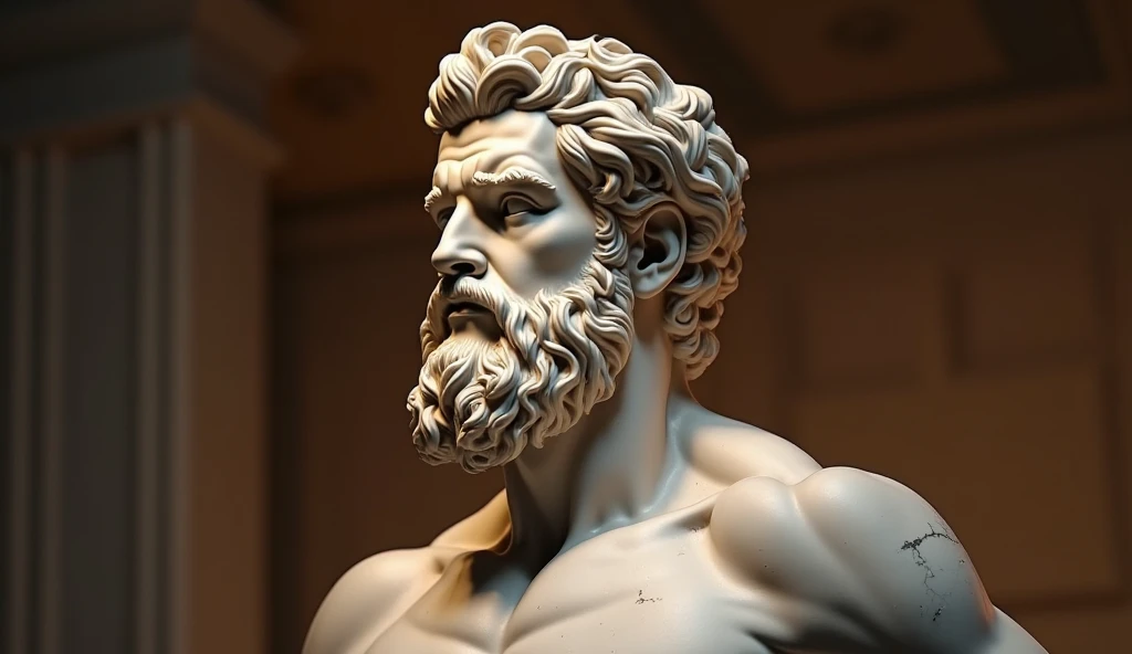 Greek man sculpture, bearded, muscular, perfect face, detailed, stoic, controlling stress, ancient greece in the background, realistic, 169.8k