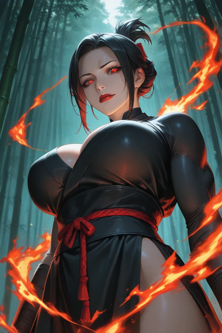 (((masterpiece))), ((naruto)), ((highly detailed)), (((high quality))), 1girl, solo, upper art, ((pretty face:1.2)), (((black hair))), very long hair, (((two ponytails))), sharigan eye, Uchiha eyes, ((Akatsuki clothing)), looking at viewer, nonchalant face, ((konoha background)), giant breasts, big breasts, ((pale skin)), closeup, ((dark vibes)), (((dynamic pose))), ((real proportions of a woman)), ((loose clothes)), ((dark red clothes))