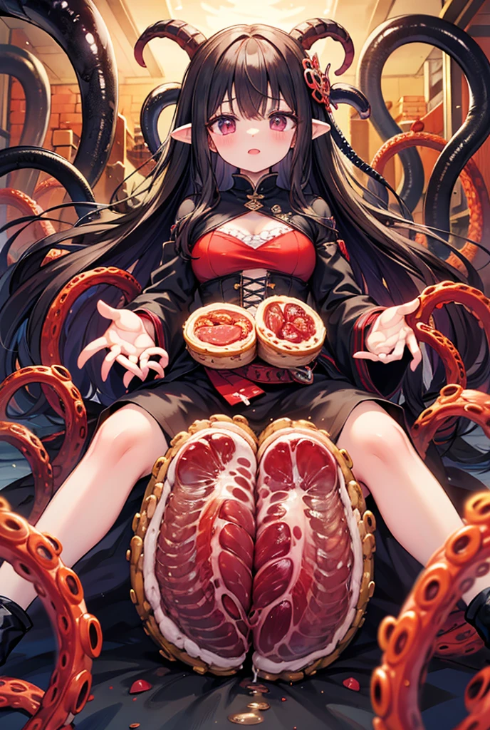 focus face, black hair, flesh meaty tentacle mask, (flesh mask), (tentacles coveting Lower half of face), monster tongue