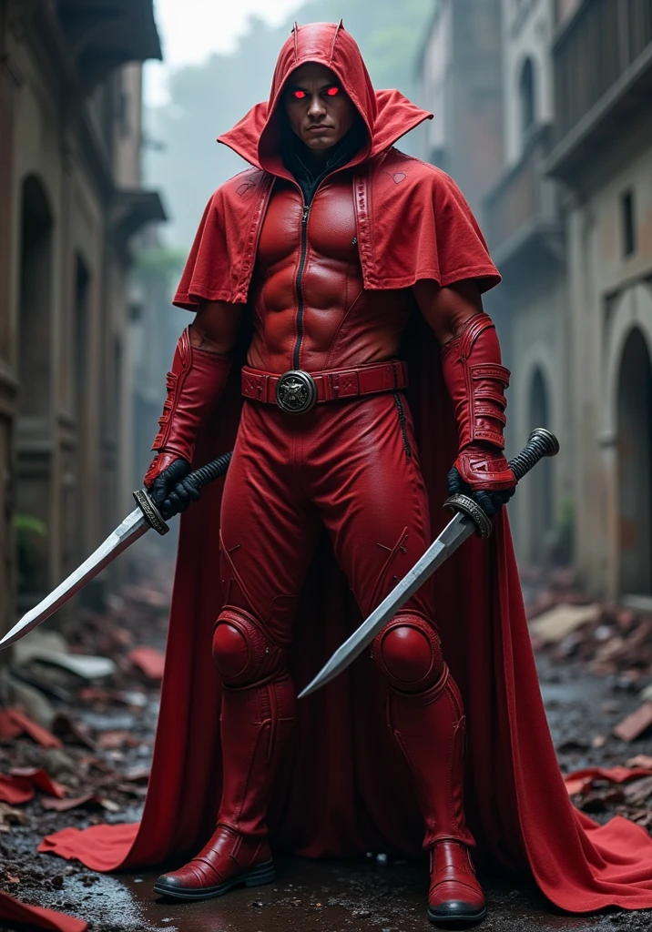 charming villain, a powerful presence, Wearing a red combat uniform, Ruthless Expression, Red Eyes Glowing , with sharp blades in her hands, a body with great power, in ruins with a dark atmosphere, HDR,photographic reality,Extreme Details,Professional,Vivid Colors,Bokeh