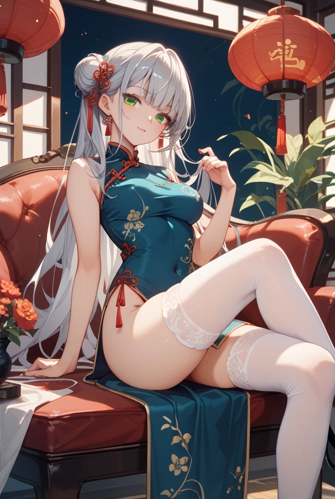 Zhezhi, twintails, multicolored hair, glasses, hair ribbon, chinese clothes, white pantyhose,