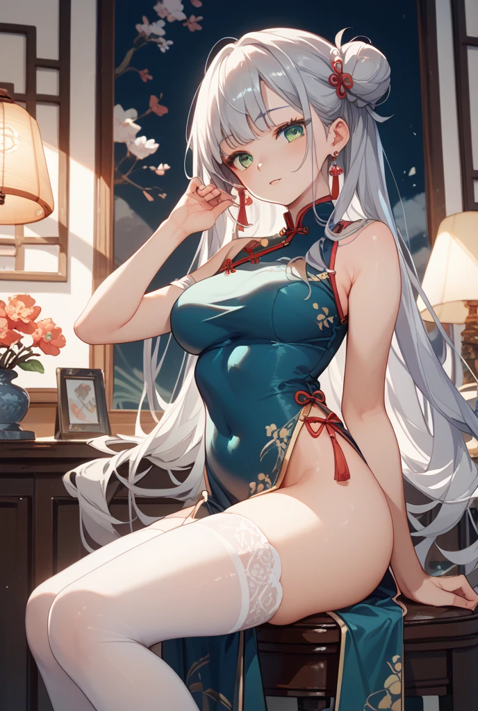 (masterpiece),(Highest quality),(Very detailed),(Best illustrations),(so beautiful), so beautiful長い脚, Thighs, hanging breasts, Silver Hair, Red eyes, Very long hair, High Ponytail, Blue clothes, China dress, Side slits,female masturbation
