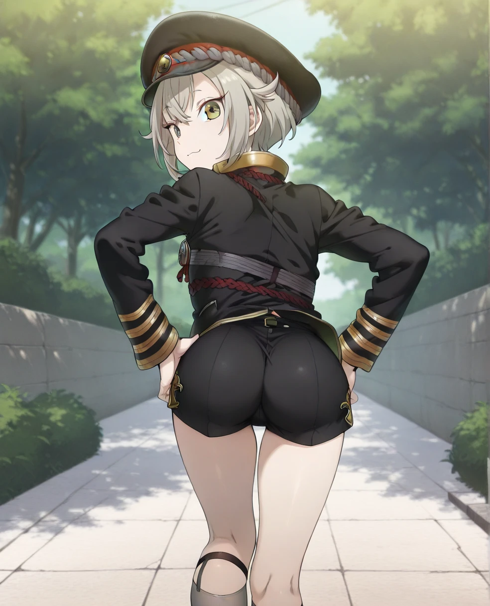 cute, small, short, flat, masterpiece, detailed, high quality, absurdres, Tanya Degurechaff, 1girl, solo, evil grin, curvy, military, military uniform, pussy peak, no panties